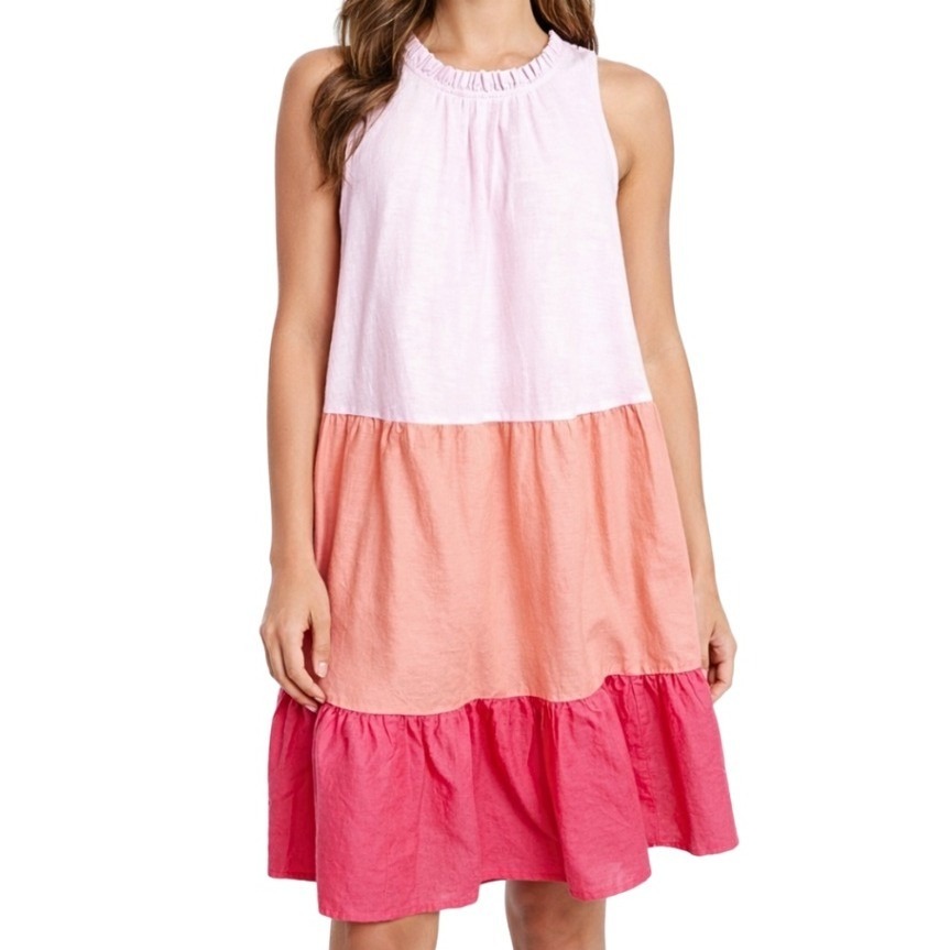 St Johns Bay Nwt Womens Pink Orange Colorblock Linen Cotton Tiered Dress Size Pm